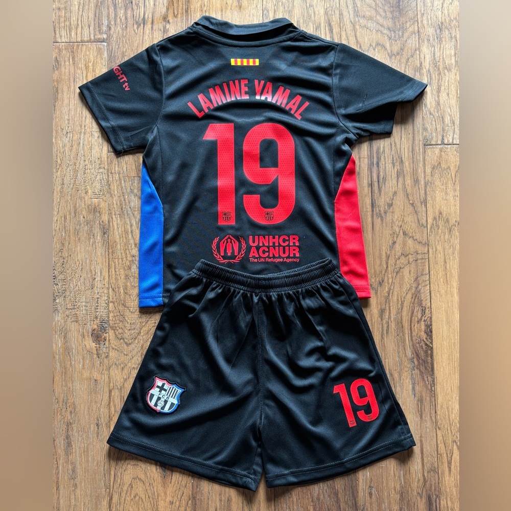 Kids Lamine Yamal 19 Black Barcelona Soccer Jersey Kit Toddler & Youth Football
